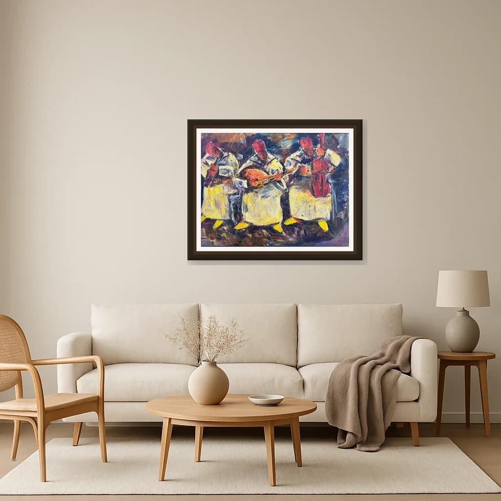 Tableau Abstrait musiciens marocains – tableau figuratif peint à la main par Mohamed Rehmi – vue 3