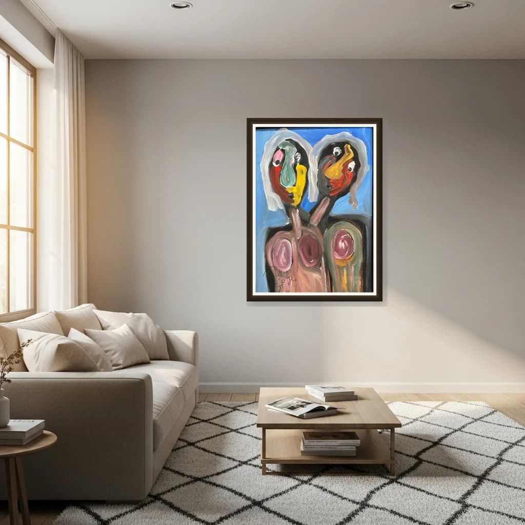 Tableau Abstrait duo de visages colorés – tableau expressioniste peint à la main par Ahmed Belmkadem – vue 3