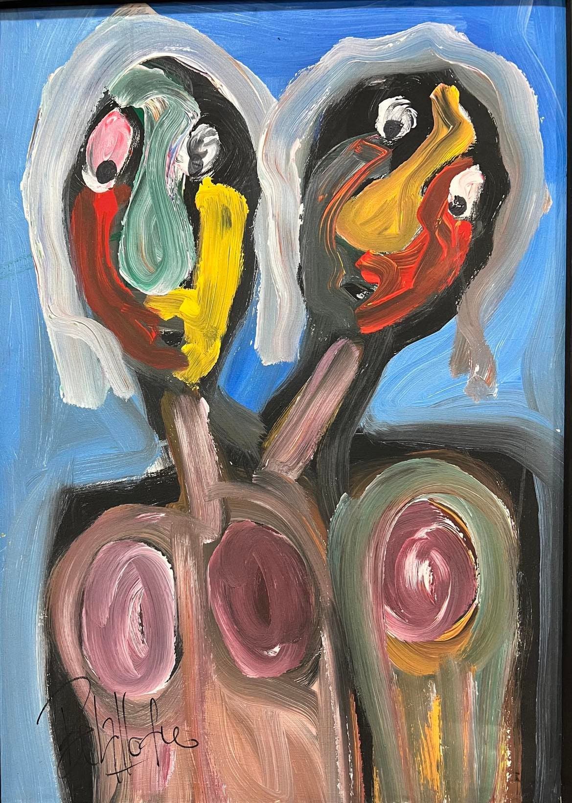 Tableau Abstrait duo de visages colorés – tableau expressioniste peint à la main par Ahmed Belmkadem