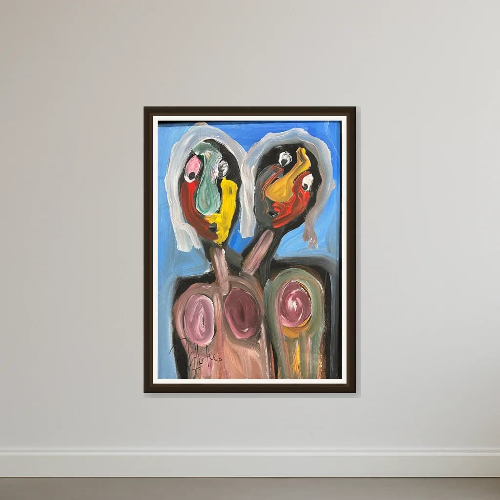 Tableau Abstrait duo de visages colorés – tableau expressioniste peint à la main par Ahmed Belmkadem – vue 2