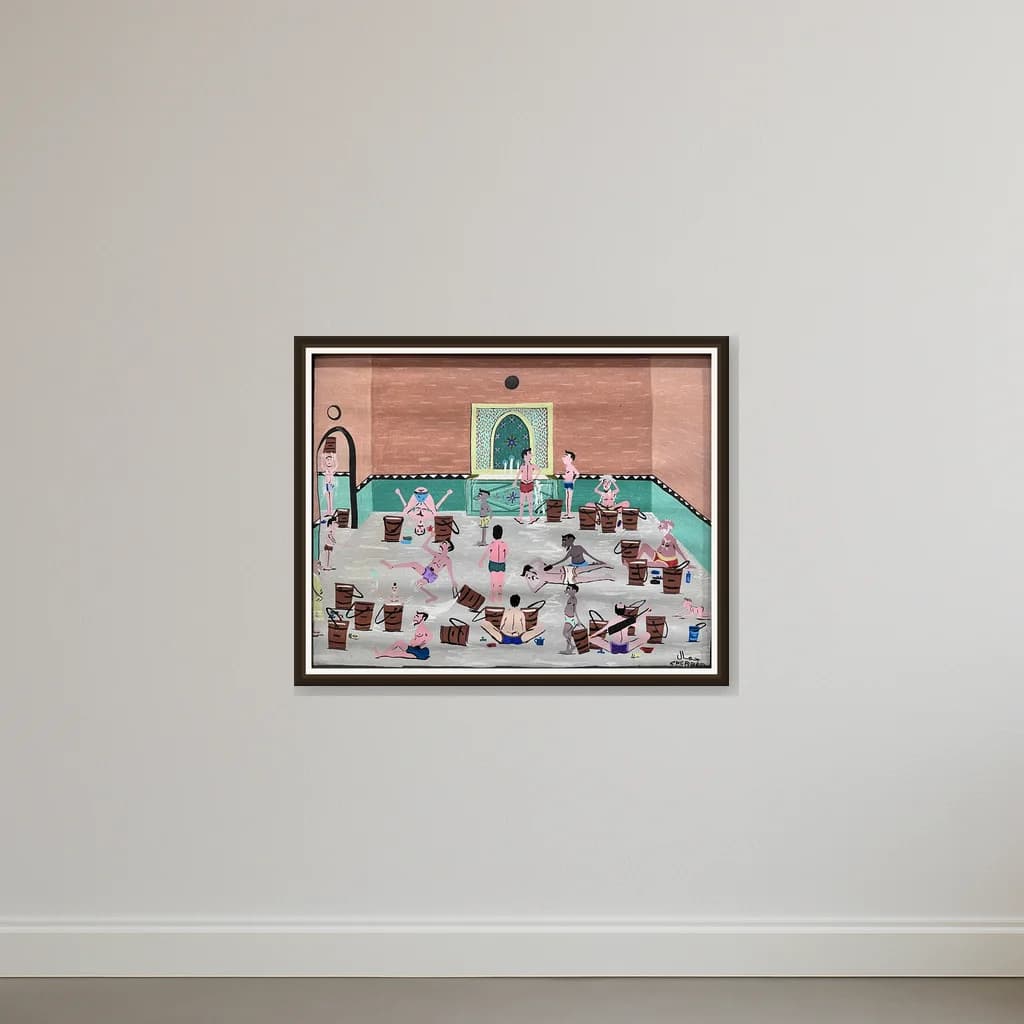 Tableau Hammam marocain animé – tableau art naïf peint à la main par Jamal Cherrad – vue 2