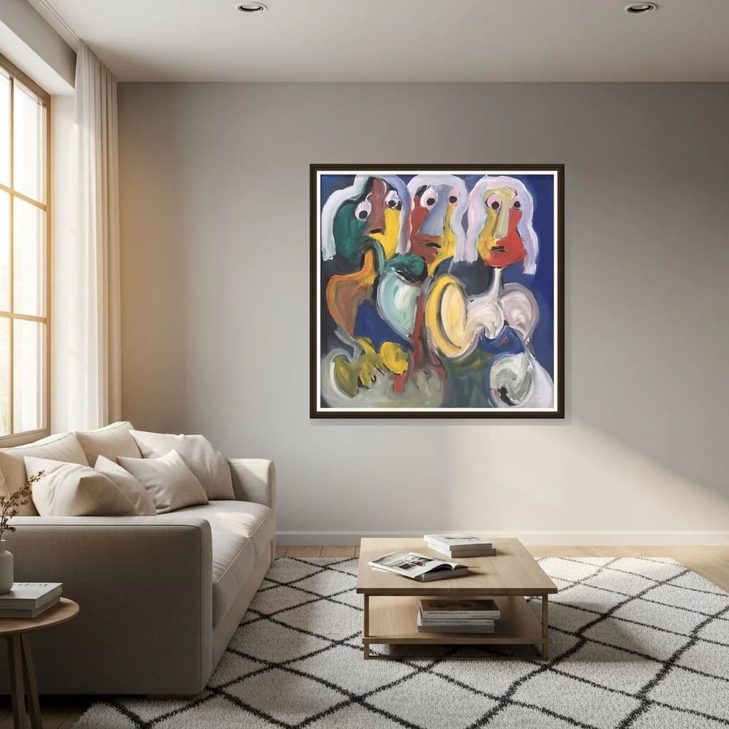 Tableau Abstrait visages colorés – tableau expressioniste peint à la main par Ahmed Belmkadem – vue 3