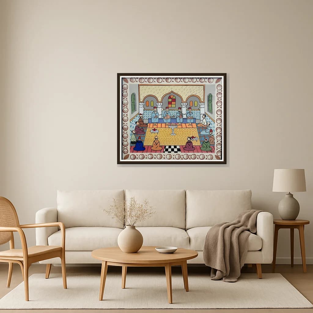 Tableau Scène marocaine musicale intérieure – tableau art naïf peint à la main par Ahmed Cherrad – vue 3