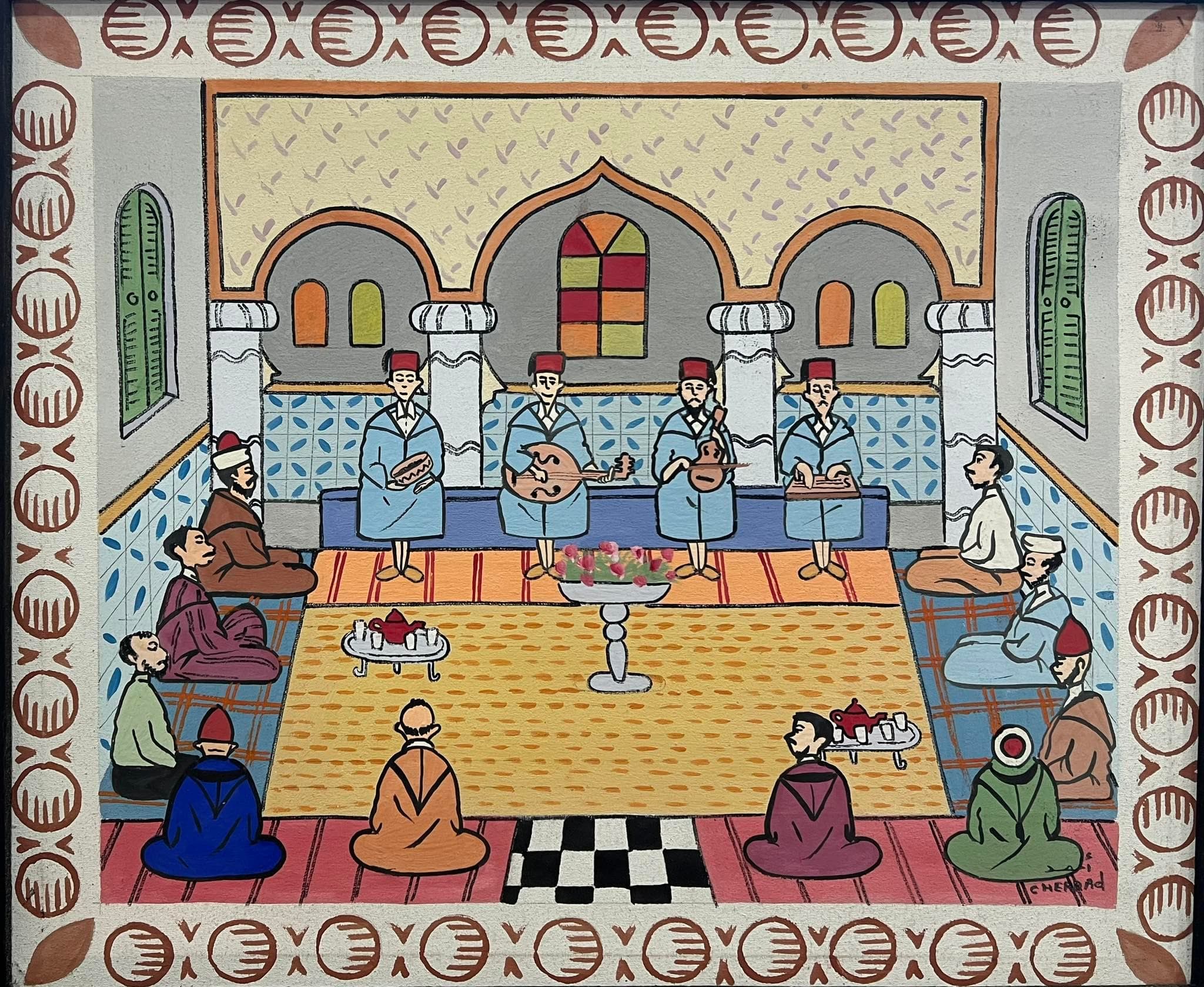 Tableau Scène marocaine musicale intérieure – tableau art naïf peint à la main par Ahmed Cherrad