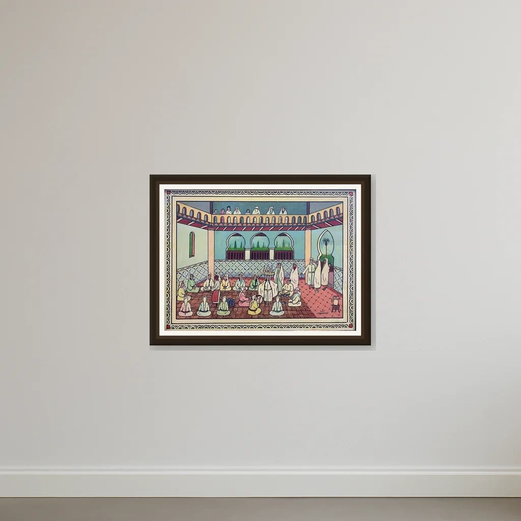 Tableau scène marocaine traditionnelle intérieur architectural – tableau art naïf peint à la main par Ahmed Cherrad – vue 2