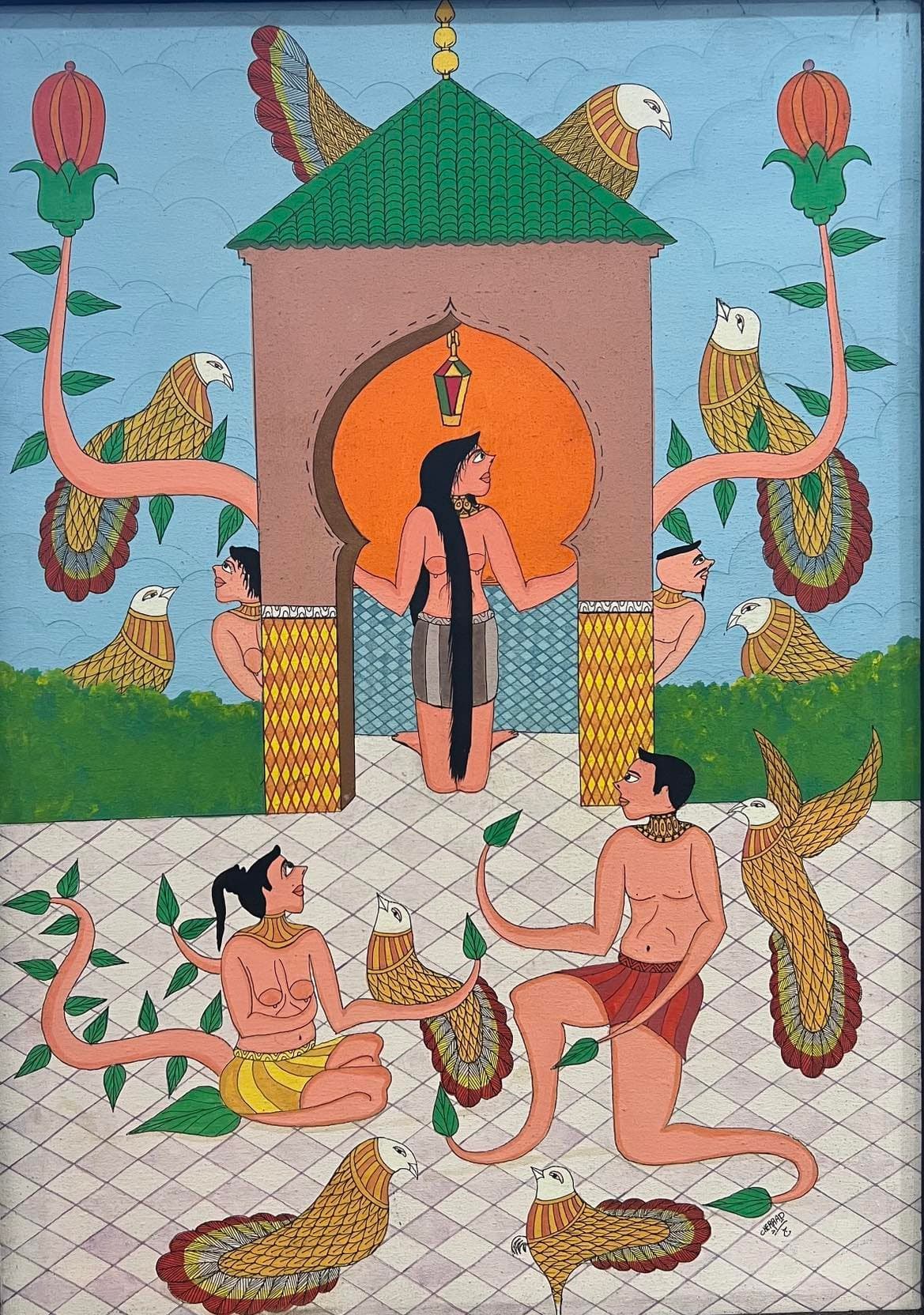 Tableau figuratif architecture onirique – tableau art naïf peint à la main par Ahmed Cherrad