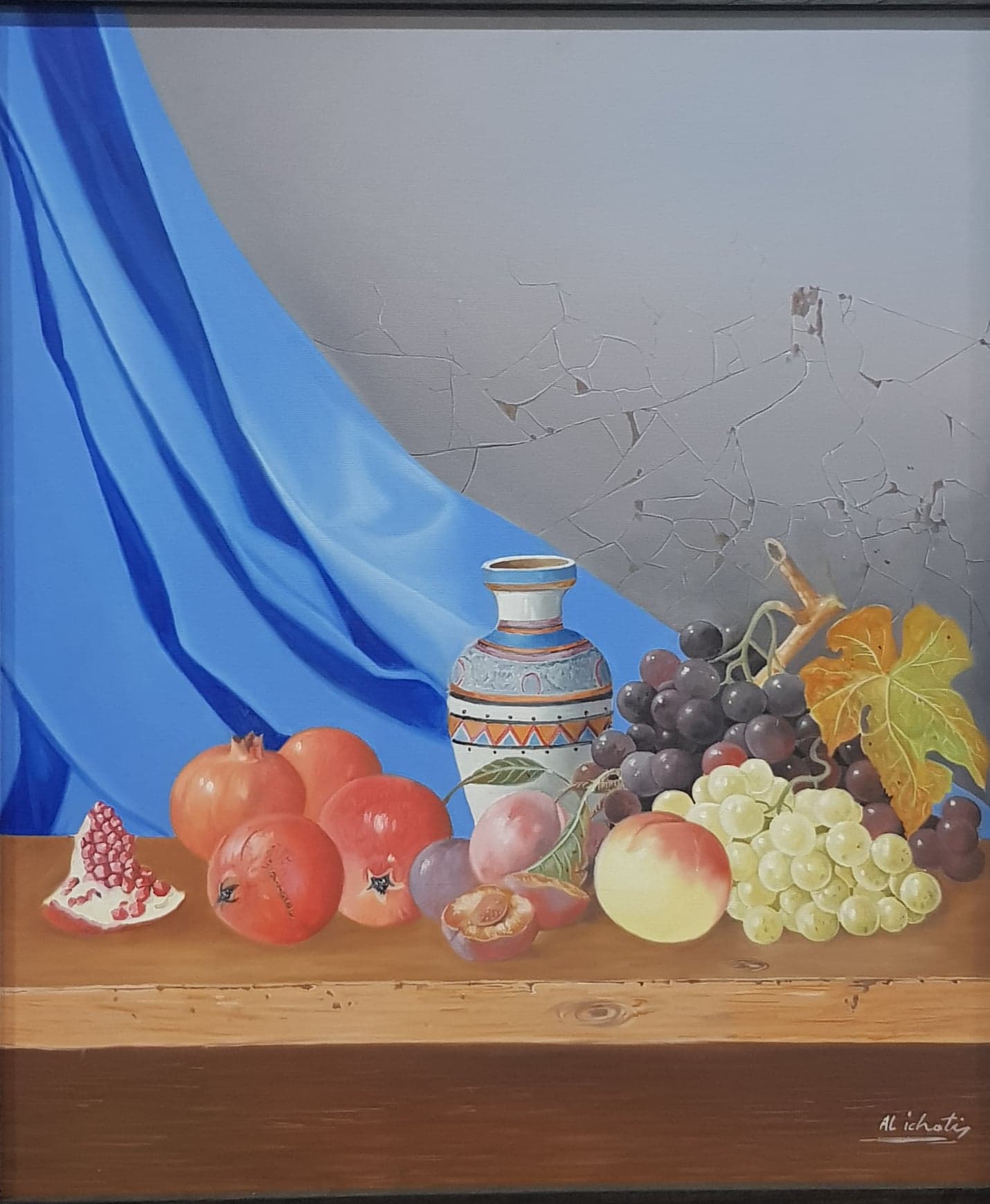 Tableau Nature morte fruits et vase marocain – tableau nature morte peint à la main par Mohamed Al Ichati