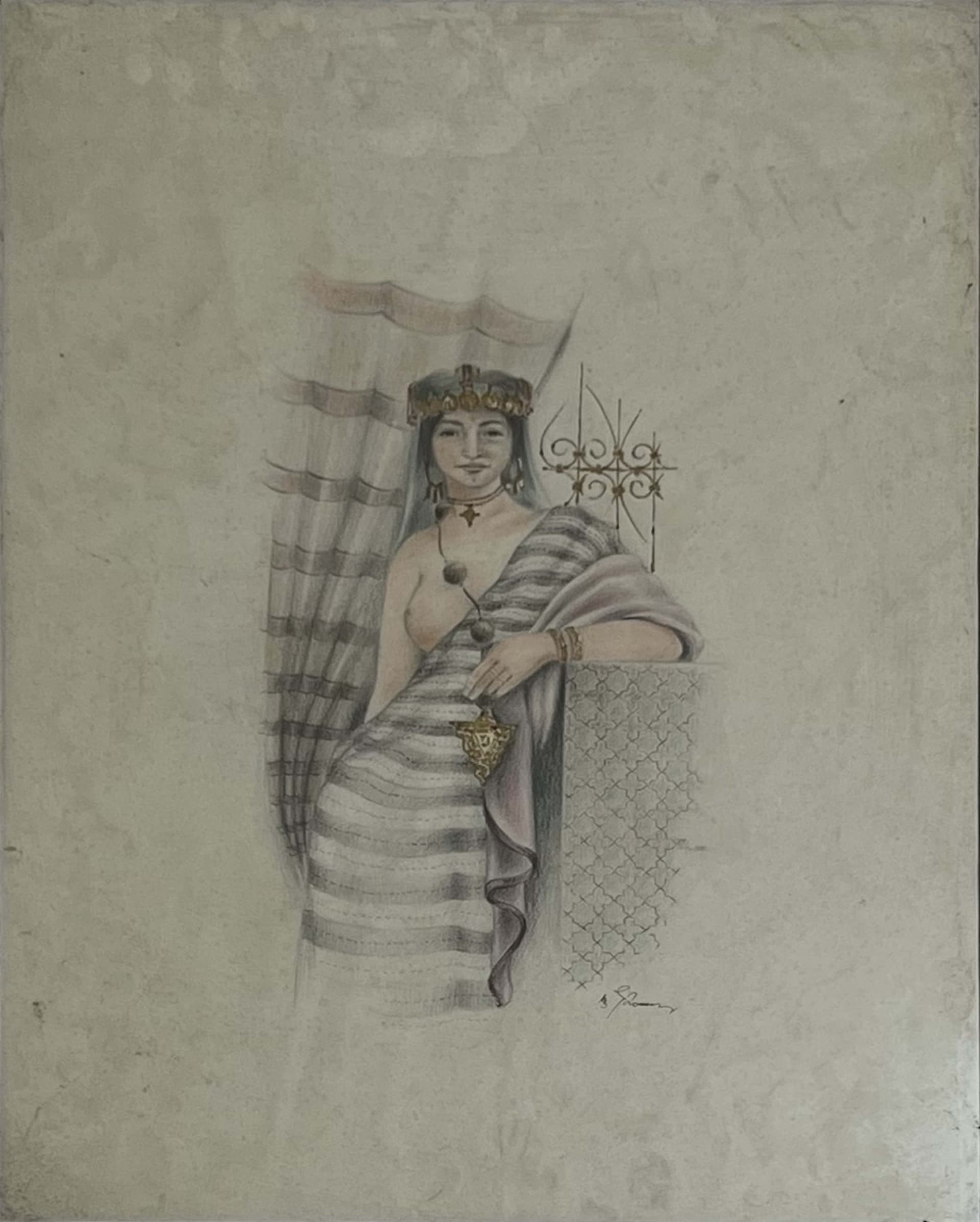 Tableau figuratif marocain - femme berbère au voile raye