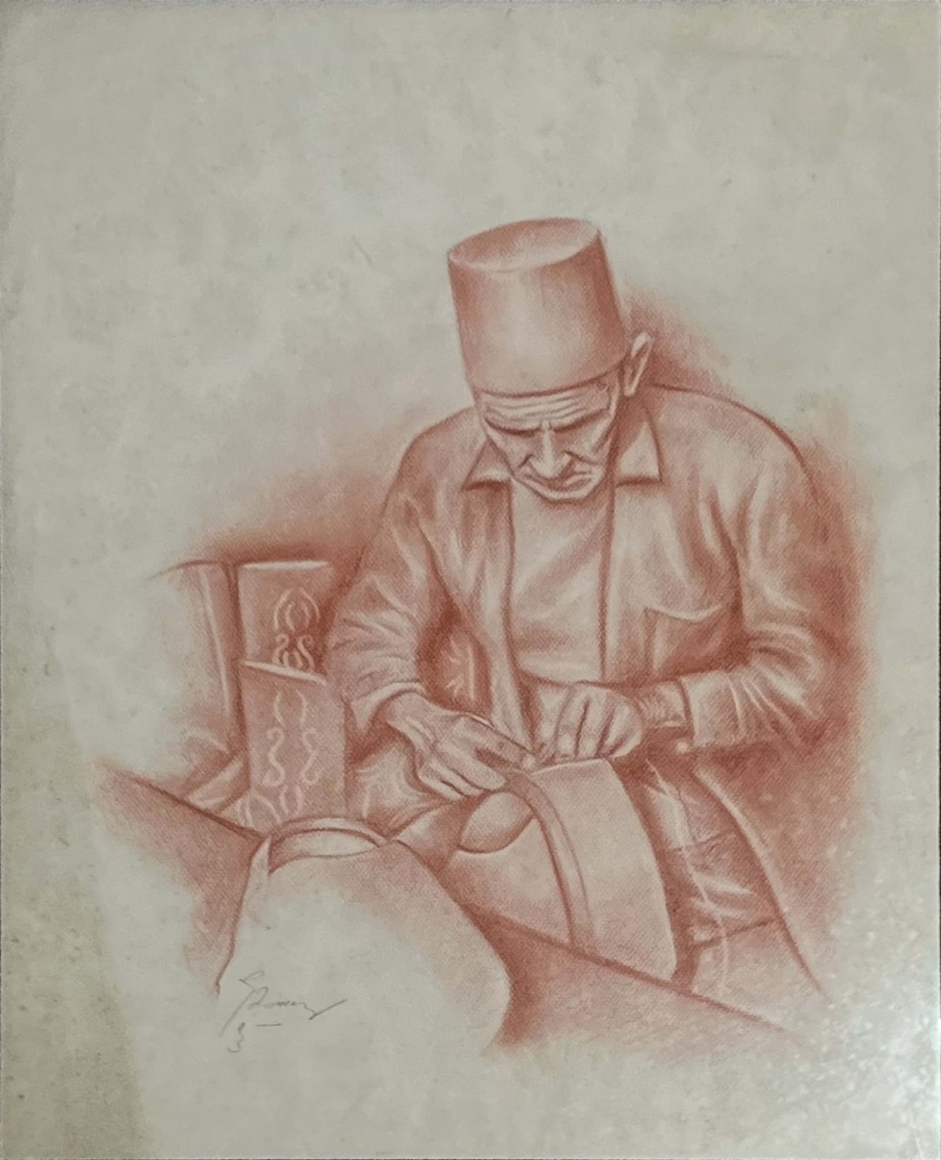 Tableau figuratif marocain - artisan assis au travail