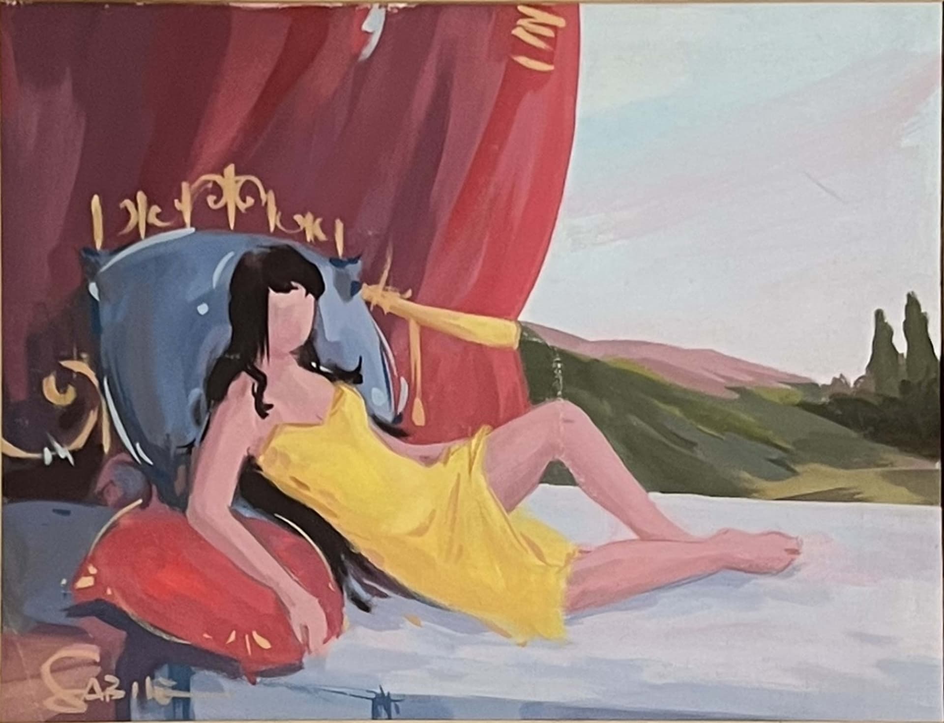 Tableau figuratif marocain - femme allongee au drape rouge