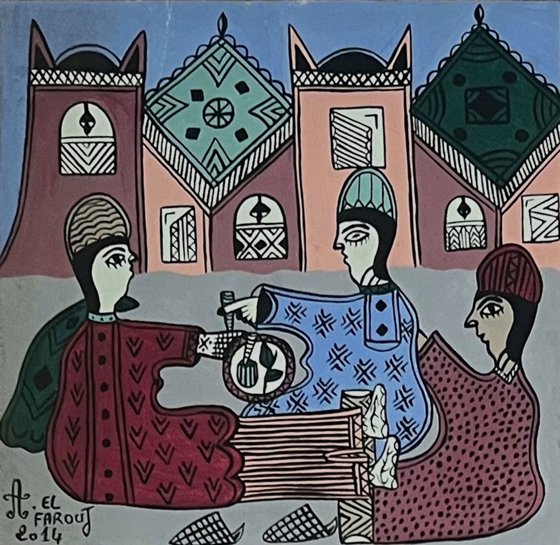 Tableau art naïf marocain - jeux et thé en intérieur