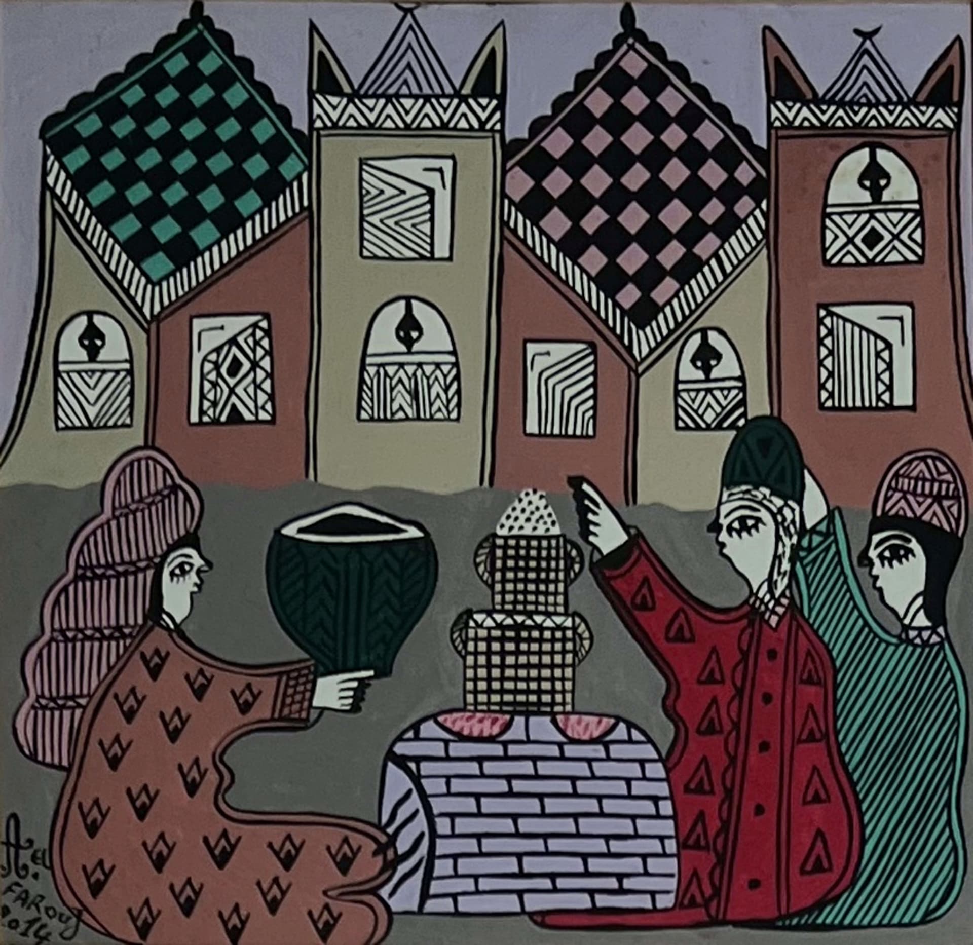 Tableau art naïf marocain - marché aux poteries