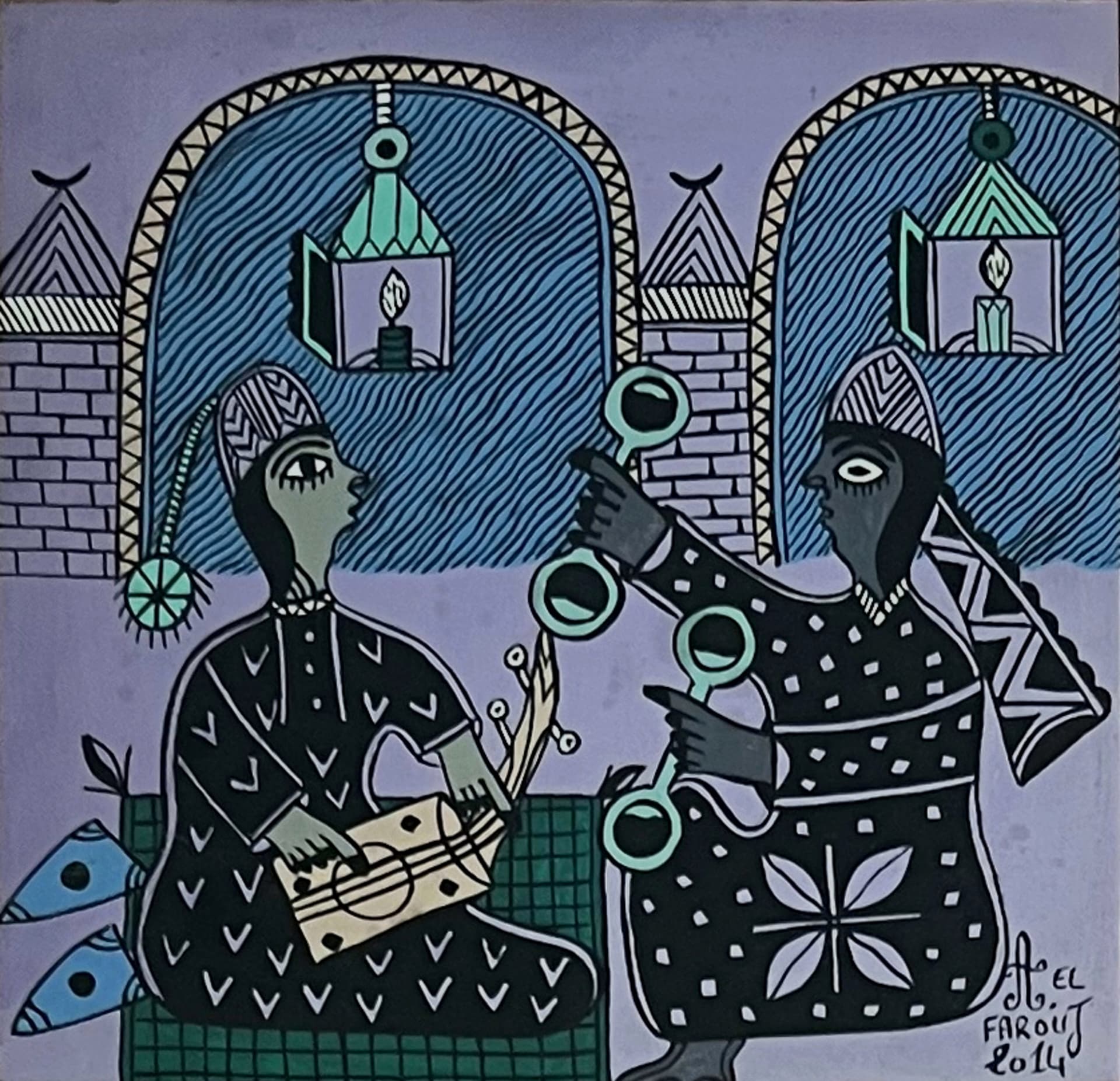 Tableau art naïf marocain - musiciennes au luth et au tambour