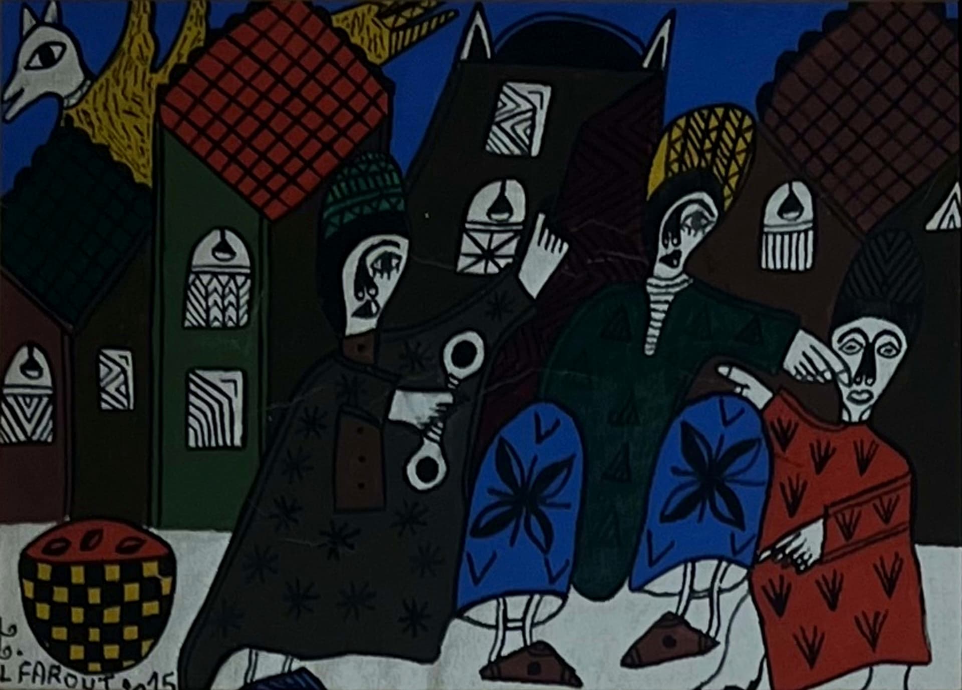 Tableau art naïf marocain - silhouettes en médina nocturne