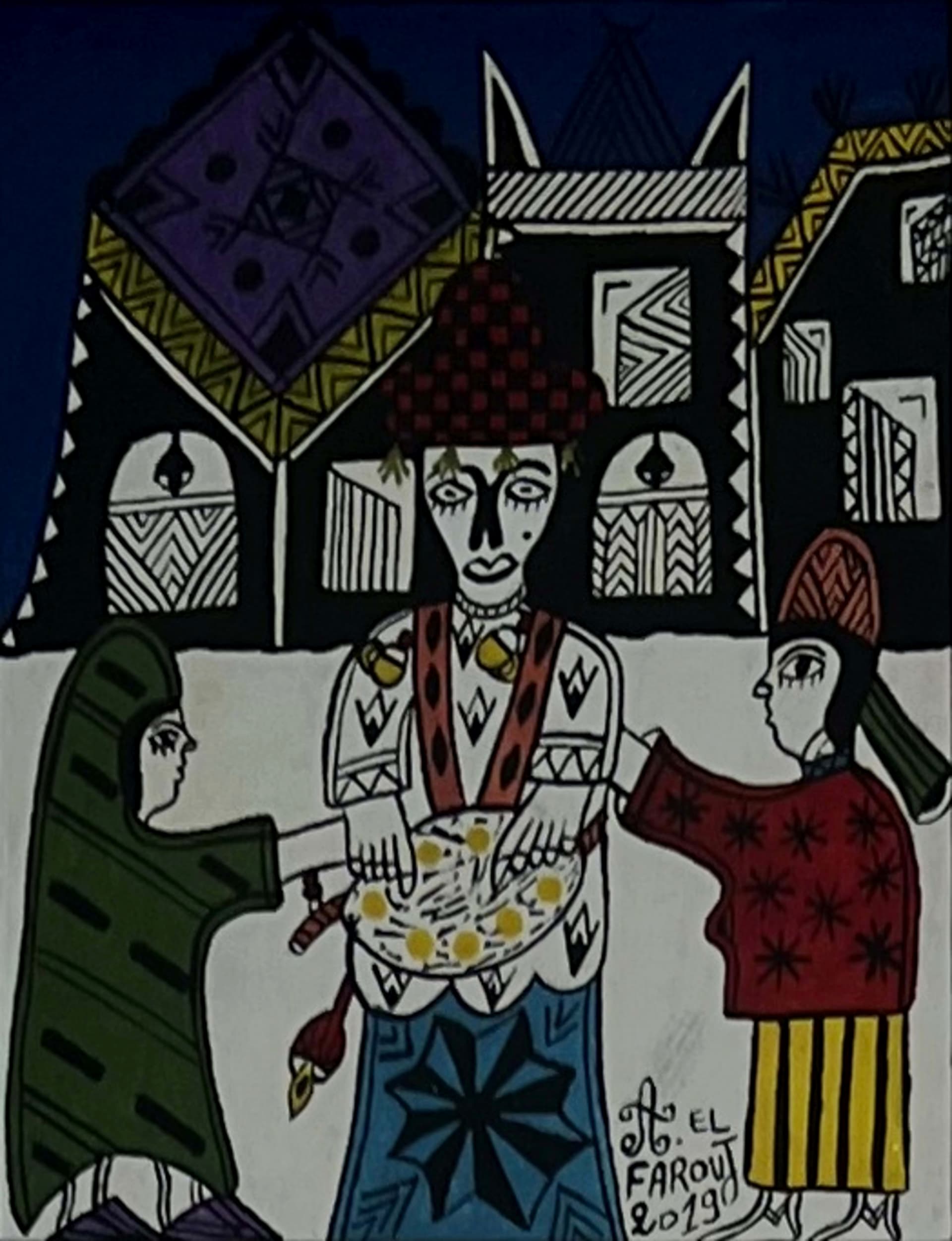 Tableau art naïf marocain - scène de thé dans un intérieur marocain