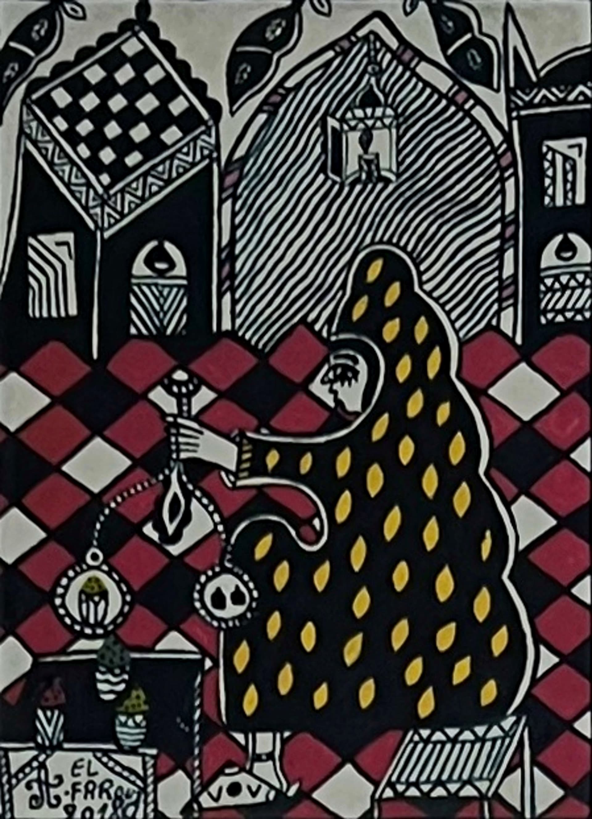 Tableau art naïf marocain - femme musicienne dans un salon traditionnel