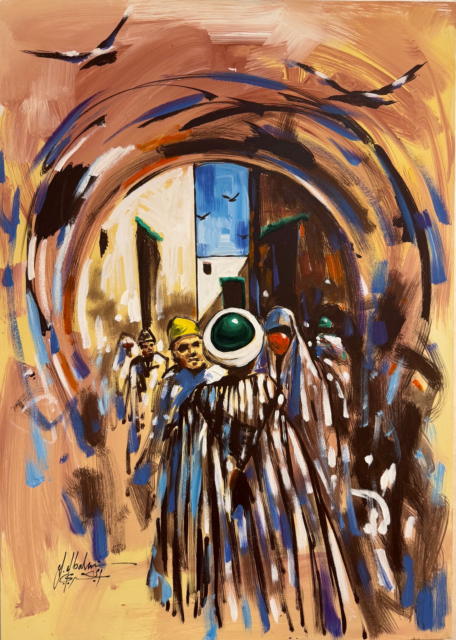 Arche de médina, vol d'oiseaux et passants en djellaba et haïk, technique mixte sur toile 98 x 70 cm — Youssef El Bahri