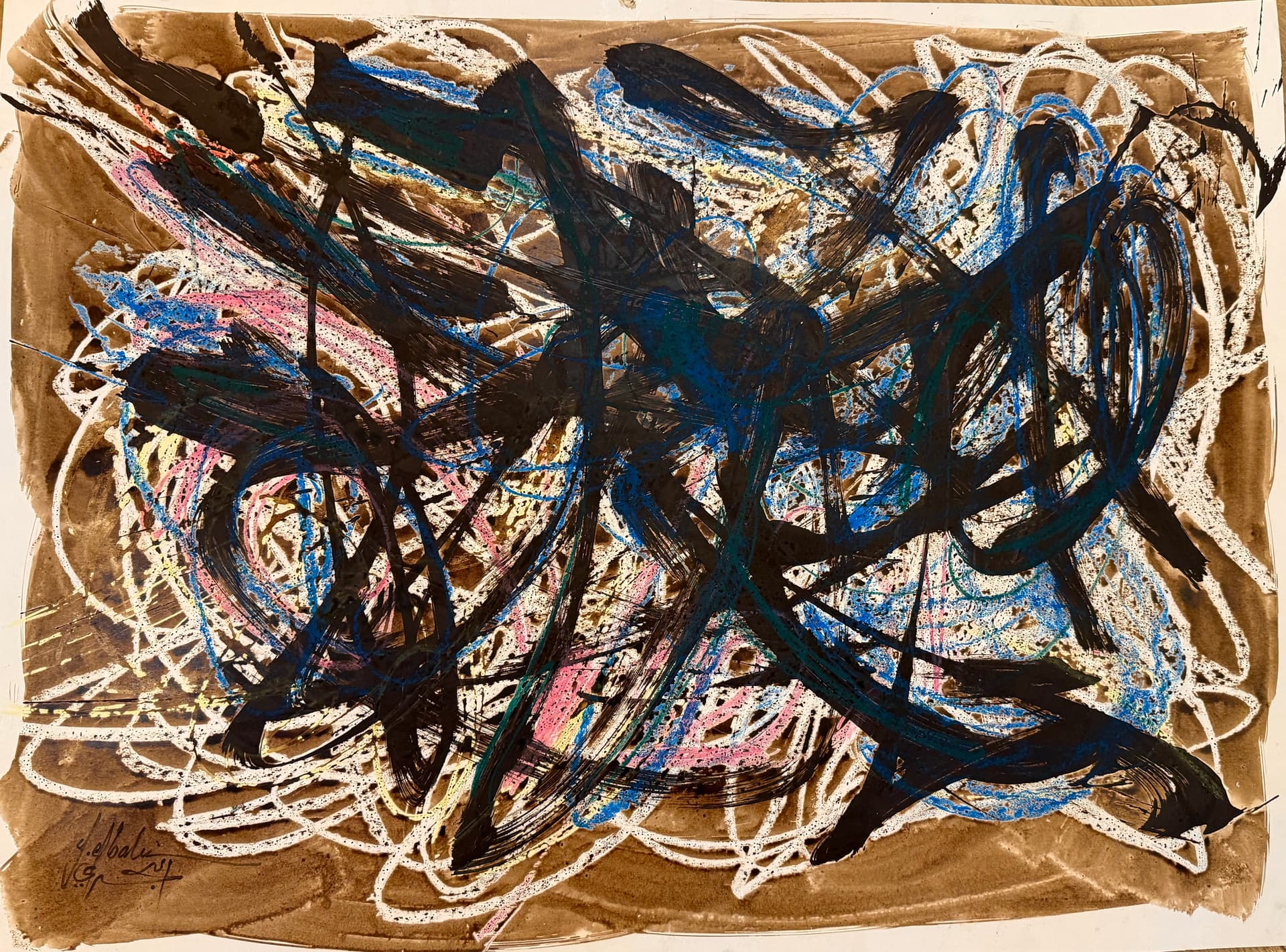 Grand abstrait gestuel bleu et noir sur carton par Youssef El Bahri