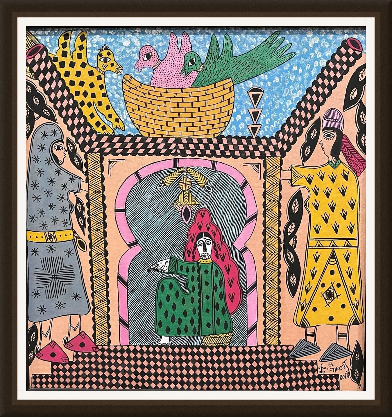 Tableau figuratif marocain personnages et oiseaux